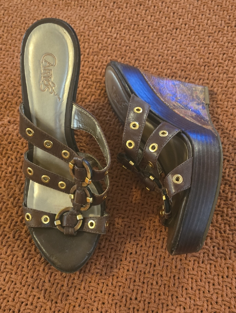 Carlos by Carlos Santana Brown Leather Grommet Wedges